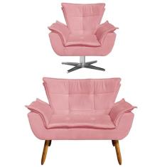 Kit Namoradeira 2 Lugares E 1 Poltrona Decorativa Giratória Cromada Opla Suede Rose - Ibiza