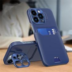 Capa de telefone com suporte de cartão invisível para iPhone 14 13 12 Pro Max Mini capa protetora de lente de metal, azul escuro, para iPhone 12Pro Max
