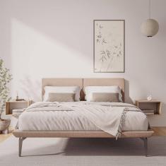Base Box Cama Japonesa Toquio Casal com Cabeceira Almofada Linho Bege