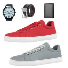 Kit 2 Tênis: Vermelho / Cinza + Carteira + Relógio + Cinto - Nshoes, V
