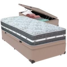 Cama Box Baú Bege e Colchão Black Graphite Molas Ensacadas Solteiro 88x188X32 Anjos