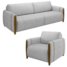 Conjunto Sofá 3 Lugares 223cm E Poltrona 98cm Amaranto M22 Veludo Cinza - Mpozenato