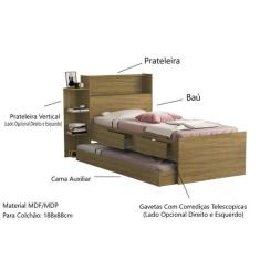 Cama Solteiro Com Auxiliar Bicama Com Gavetas Prateleiras e Bau Para Q