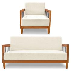 Kit Poltrona e Sofá Living 2 Lugares Marilia 1,60m Linho Natural Base em Madeira Castanho - Pallazio