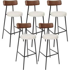 Kit 05 Banquetas Alta Cozinha Sala Jantar Milão L02 Couríssimo Marrom Linho Champagne - Lyam Decor