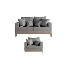 Kit Sofá e Poltrona Decorativo Beni 1,60cm Beni Base Madeira Linho Cinza - Montanaris Decor
