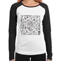 Baby Look Raglan Pizza Elementos Manga Longa - Foca na Moda, Branco, P