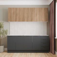 Cozinha Modulada 4 Peças sem Tampo com Rodapé 2 Aéreos e 2 Balcões Ipanema Cabecasa Madeiramadeira Grafite Trama/Acácia