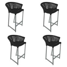 Kit 4 Banquetas Reis em Corda Náutica e Base em Alumínio Cinza para Ár