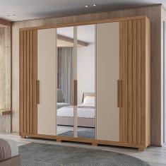 Guarda-Roupa Casal 3 Portas de Correr com Espelho Carvalho/Cinza
