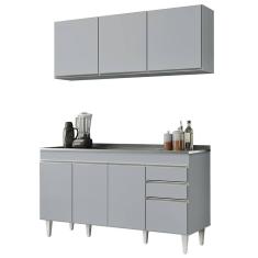 Armário De Cozinha Aéreo Argélia E Balcão Com Pia 150cm Marrocos Cinza Claro - Lumil
