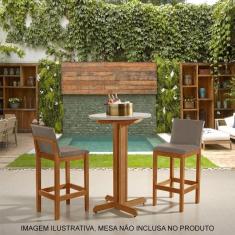 Kit 2 Banquetas Alta Luxo Pérola Com Encosto Estofada Em Linho Bege Madeira Maciça Castanho