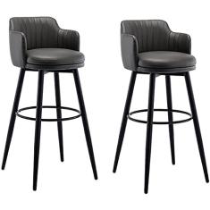 Banquetas De Bar Cinza Giratória Cadeira De Barra Conjunto De 2 Bancos Com Encosto Altura Do Balcão De Cozinha Com Braços, Assento Estofado Cromado Com Pedal De Couro Nappa, Para Bares, Cafés, Lou