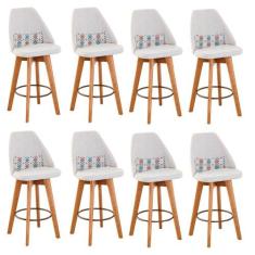 Kit 08 Banquetas Alta Maya Giratória Com Encosto Gourmet Linho Bege e 