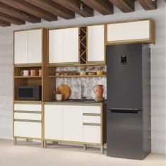 Cozinha Modulada Compacta 4 Peças 9 Portas e Espaço Micro-ondas 100% Mdf Barbados Espresso Móveis Amêndoa/Off White