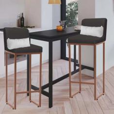 Kit 02 Banqueta Alta com Encosto Lucca Industrial Cozinha Balcão Ferro Bronze Corino Cinza e Almofada Branco - Ahazzo Móveis