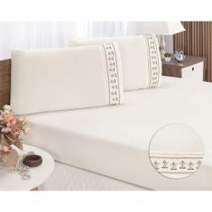 Jogo Lençol Queen Casal Bordado 3peça Palha Chocolate Tulipa