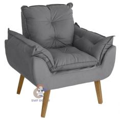Poltrona Decorativa Glamour Com Puff Suede Veludo Fibra Siliconada Cinza SMF Decor