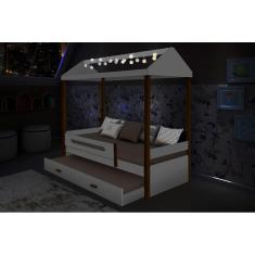 Cama Casa Sara Branco/Mel com Cordão de Luzes LED e Cama Auxiliar com 2 colchões
