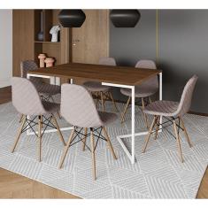 Mesa Industrial Retangular Amêndoa Base V Aço Branco 137x90cm 6 Cadeiras Madeira Estofadas Nude Médi