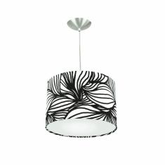 Lustre Cúpula Pendente Dome Estampado Folha Preto/branco