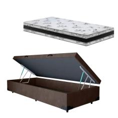 Cama Base Box Baú Solteiro Super Confort Suede Marrom + Colchão Solteiro Super Confort D33 24x88x188