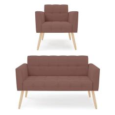 Kit 1 Sofá Namoradeira e 1 Poltrona Elisa Veludo Pés Palito Natural - D`Rossi