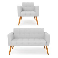 Kit 1 Sofá Namoradeira e 1 Poltrona Elisa Linho Cinza A05 Pés Palito Castanho - D`Rossi