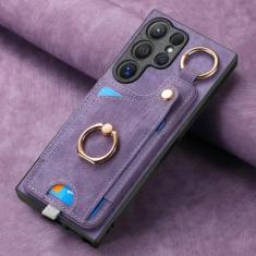 Capa de telefone com suporte de anel para Samsung Galaxy S21 S20 FE S24 S23 S22 Ultra S10 Plus S9 S8 Capa magnética de couro com compartimento para cartão, roxa, para Galaxy S21