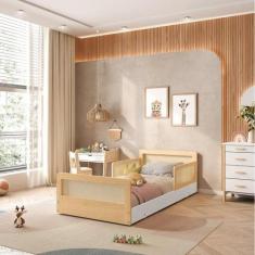 Cama Infantil Solteiro Montessoriano Lift em Madeira Maciça com Rattan