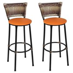 Kit 2 Banquetas Altas Preta com Encosto Junco Capuccino Assento Laranj
