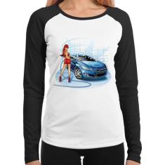 Baby Look Raglan Lava Jato Garota Manga Longa - Foca na Moda, Branco, 