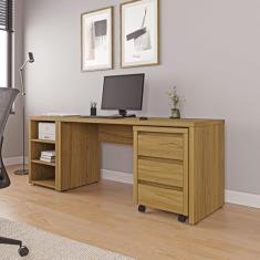 Mesa de Escritório 150cm com Gaveteiro com Rodízio e Prateleiras Ficus Cabecasa Madeiramadeira Rovere