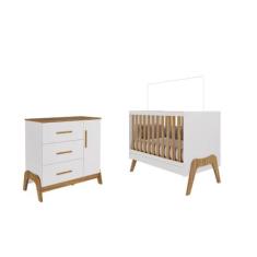 Berço 5x1 e Cômoda Retro Moveis Peroba Guti MDF Branco Amêndoa, Branco