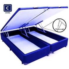 Cama Box Casal com Bau Pistão a gás azul Bipartido