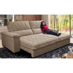 Sofá Retrátil e Reclinável 2,95m Molas Ensacadas Cama Inbox Big Home Bordado 3d Linho Bege Escuro