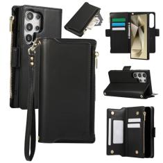 Capa carteira para Samsung Galaxy S24 Ultra, bolso com zíper magnético [destacável] capa de couro com compartimentos para cartões e dinheiro, [bloqueio RFID] Capa com alça de pulso e cordão para