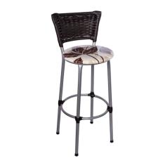 Banqueta Alta Prata com Encosto Junco Argila Assento Floral Marrom