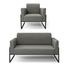 Sofá Namoradeira Com Poltrona Base Industrial Alta Preto Marisa Suede Grafite D03 - D\'rossi