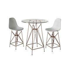 Jogo Mesa Bistrô Eames Eiffel Vidro 60cm 2 Banquetas Branca Base Ferro Cobre