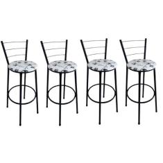 Kit 4 Banquetas Alta Preta com Encosto Assento Branco Floral Jaddi