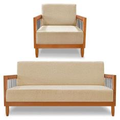 Kit Poltrona e Sofá Living 2 Lugares Marilia 1,60m Linho Base em Madei