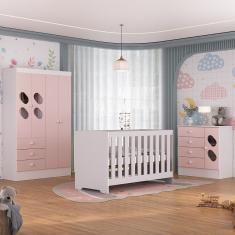 Quarto de Bebê com Guarda Roupa 4 Portas 3 Gavetas Cômoda 4 Gavetas 1 Porta com Janela e Berço 3 em 1  Maya Rodial - Rosa