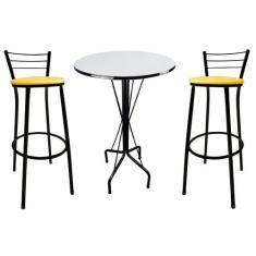 Kit Mesa Bistrô Preto Tampo Branco 2 Banquetas Preto Assento Amarelo -