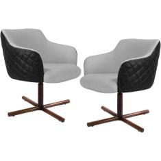 Kit 02 Poltronas Giratória Base X Jade D02 Linho Cinza D-315 Tressê Corano Preto - Lyam Decor