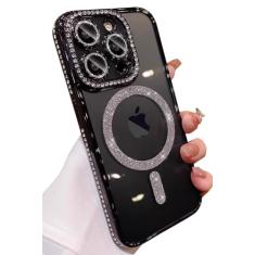 Kwhapoo Capa magnética brilhante de luxo compatível com iPhone 15 Pro Max de 6,7 polegadas, lindo diamante de strass transparente macio compatível com capas de proteção de lente de câmera MagSafe para