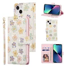 UEEBAI Capa carteira para iPhone 13 de 6,1 polegadas, capa de telefone de couro PU com suporte e bloqueio de RFID, capa flip com compartimentos para cartões, alça de pulso, padrão gravado, fecho