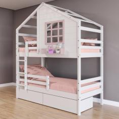 Beliche Casinha com Janela com 02 Gavetas e Grade de Proteção Madeira Maciça Branco/ Rosa Housin
