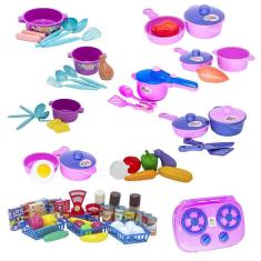 Cozinha infantil panelas fogão mercado completo legumes 73p
