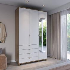 Guarda-roupa Solteiro com Espelho 3 Portas 4 Gavetas 100% Mdf Look 136,9 Cm Feijó/Branco Fosco